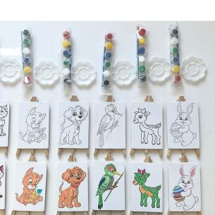 Portrait Rectangle Canvas Paint Kit with Wooden Easel – 10x15cm Cute Pets & Wildlife Panel Set (Kitten, Puppy, Songbird, Fawn & Easter Bunny)