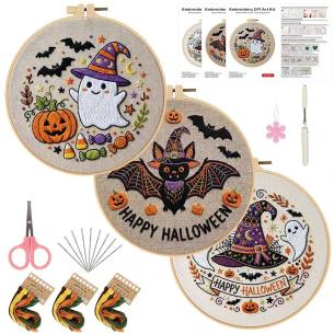 Cute Halloween Ghost, Bat & Pumpkin Embroidery Kit