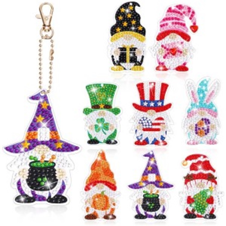 BA-812 12 Pcs Holiday Gnomes Diamond Painting Keychain Kits, 5D DIY Gnome Diamond Art Keychains Double Sided Gnome Diamond Painting Rhinestone Painting Decorative Accessories for Kids Adults Backpack 