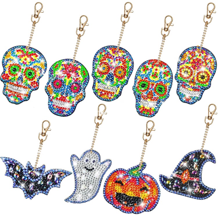 BA-814  9 Pieces Halloween 5D DIY Diamond Painting Keychain, Double Sided Painting Keychain Skull Ghost Pumpkin Bat Diamond Painting Key Chains for DIY Crafts, Phone Straps, Day of The Dead Party Favo