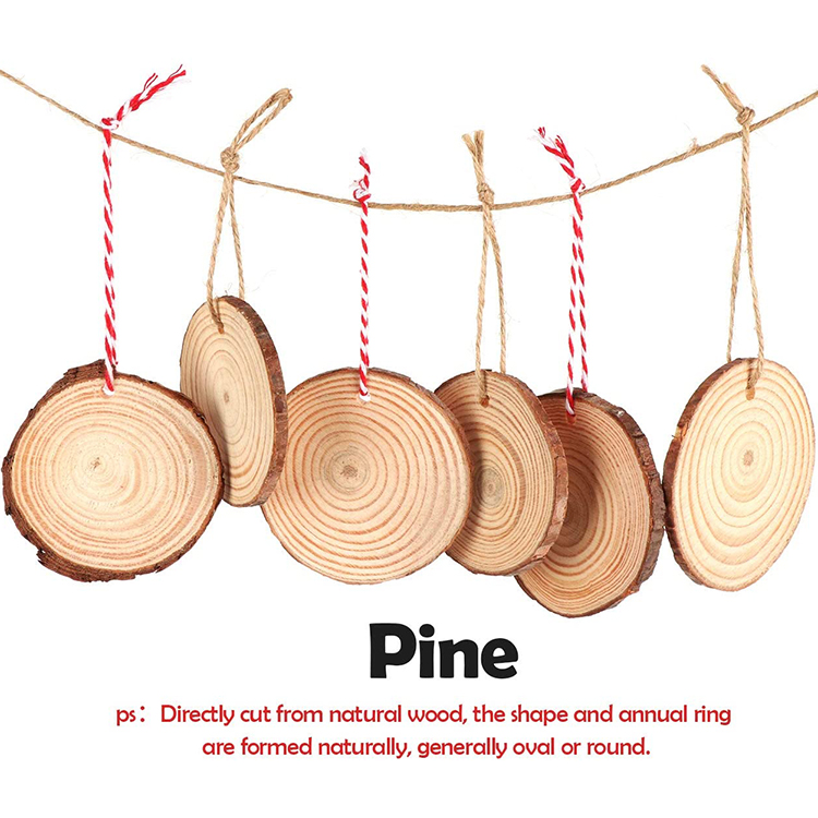 VWS-003 DIY wood pieces 50 pieces 6.1cm – 7.1cm natural wood rounds with pre-drilled holes and 66ft string for Christmas craft decorations party wedding decorations